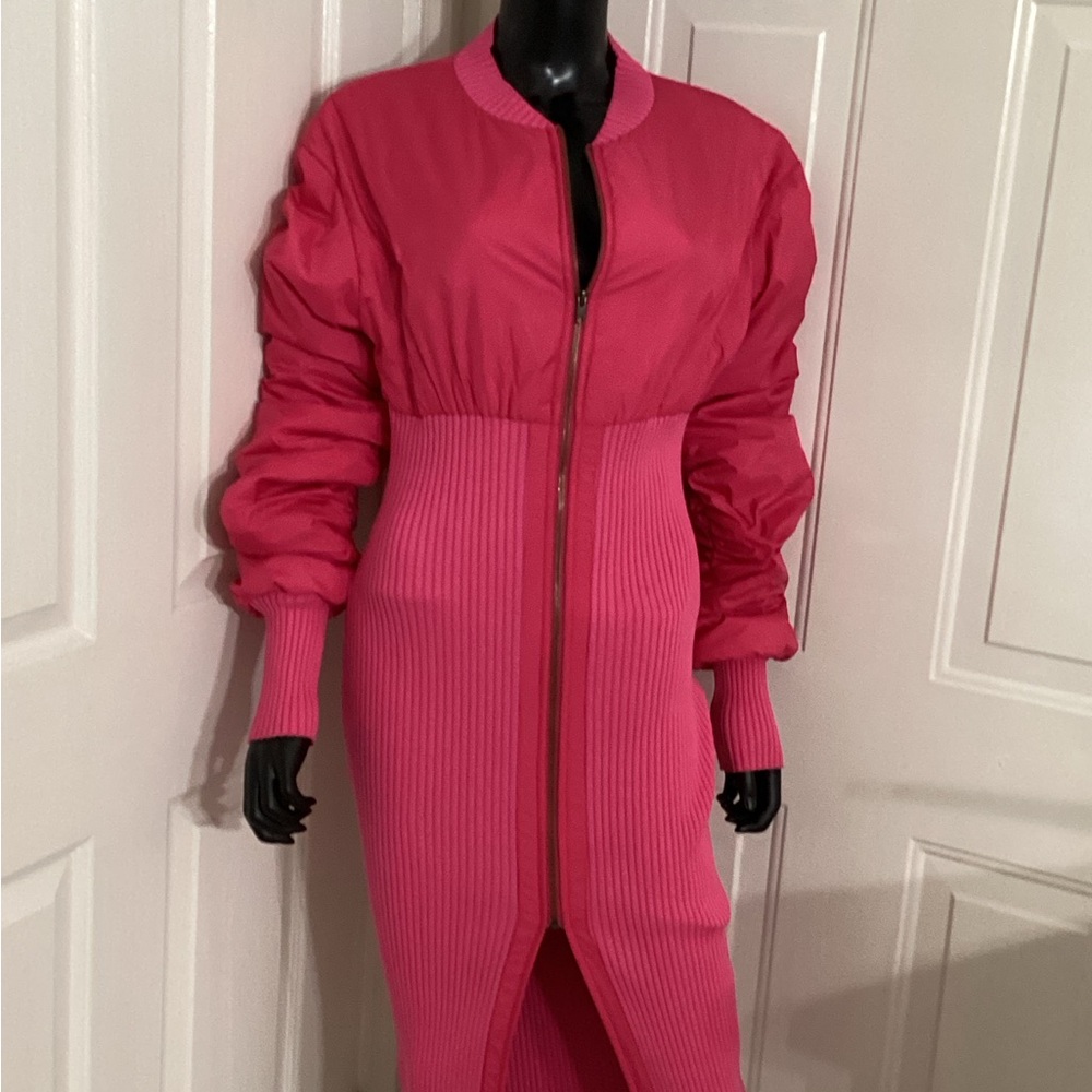 Hot Pink Puff jacket dress, with rib skirt